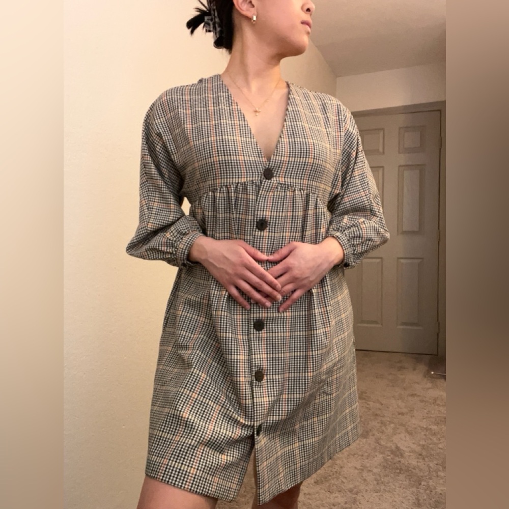 Zara Checkered Long Sleeve Dress with Black Buttons